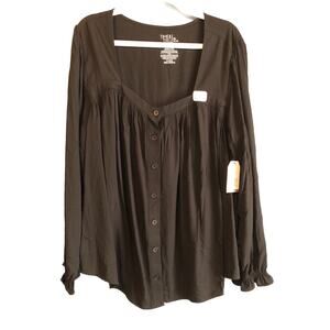 Time & Tru Womens Maternity Top XL Black Long Sleeve Square Neck Buttondown Boho